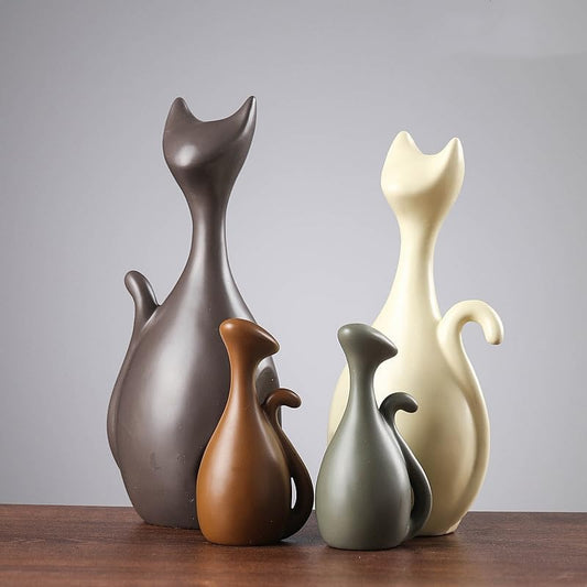 Ceramic Cat Family Figurines | Set of 4 | Nordic Abstract Cat Sculpture Home Décor