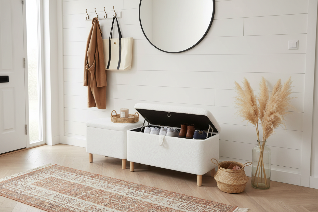 White Boucle Storage Ottoman Bench