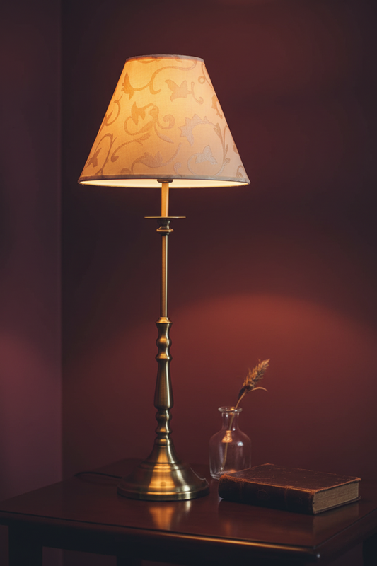 Antique Brass Candlestick Table Lamp | Cream Damask Shade