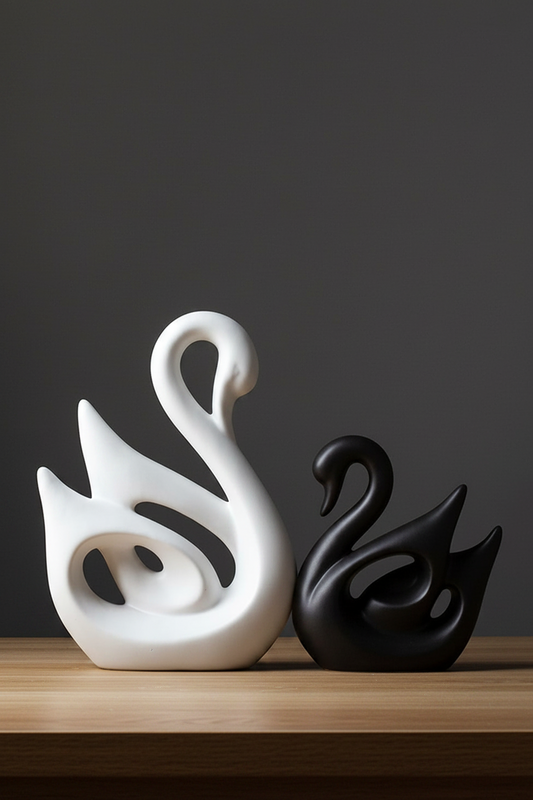 Abstract Ceramic Swan Sculpture Set | White & Black | Pair of Decorative Swan Ornaments
