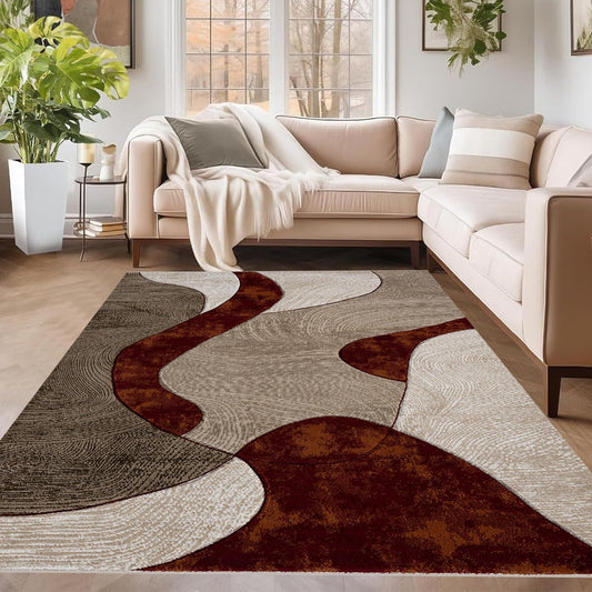 Abstract Wave Area Rug | Super Soft Shaggy Carpet | Rust, Cream & Charcoal | Living Room, Bedroom & Hallway
