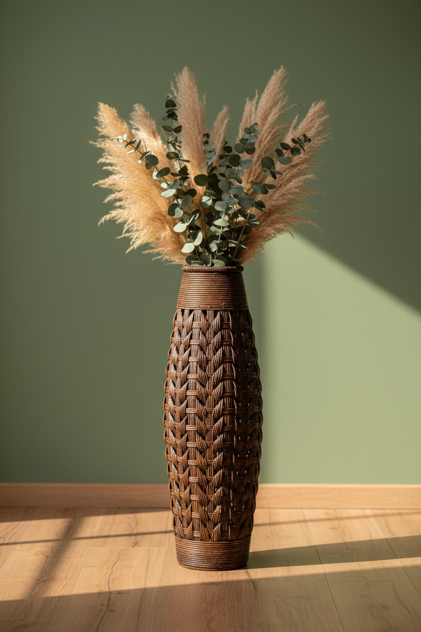 Woven Floor Vase | Bamboo & Straw Rope | Large Statement Decor