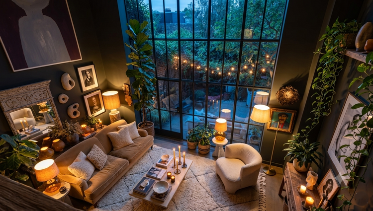 “Full-room ambience transformation with sculptural lamps, candles, silk textiles, and Soluné’s signature warm, immersive interior glow.”