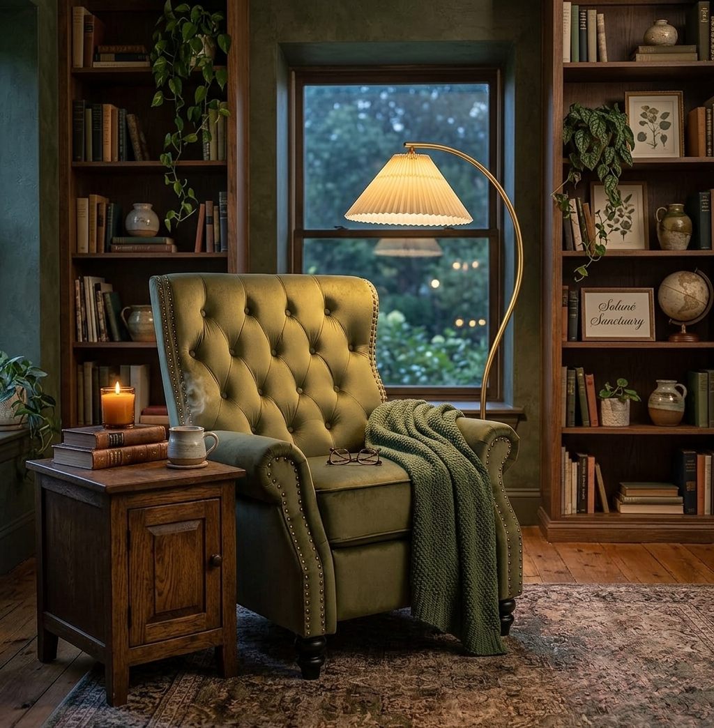 “Quiet‑luxury living space styled with silk drapes, sculptural décor, warm ambient lighting, and Soluné signature interior atmosphere.”