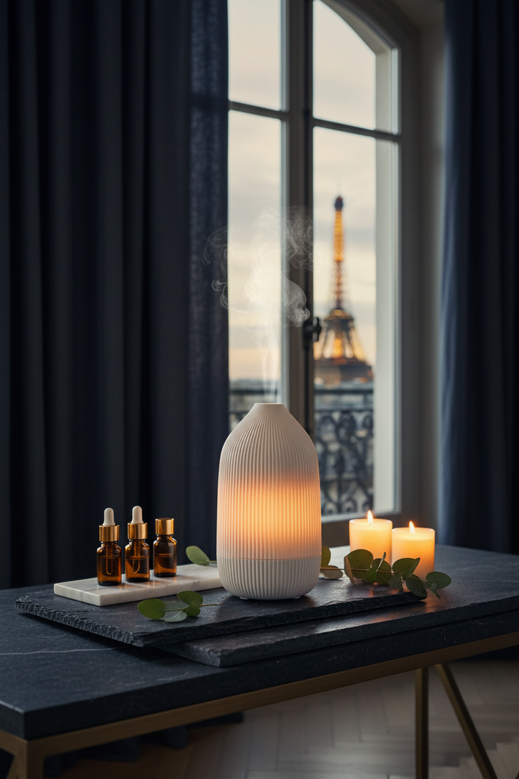 “Boutique‑hotel inspired aromatherapy scene with ribbed ceramic diffusers, soft mist, warm lighting, and curated Soluné ambience.”