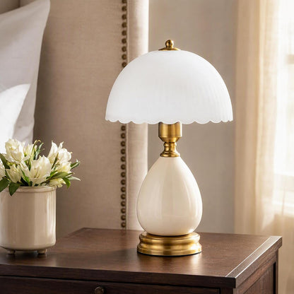 Scalloped Dome Table Lamp | Ceramic Base & Brass Fittings | Vintage Bedside Lamp | 3-Level Dimmer