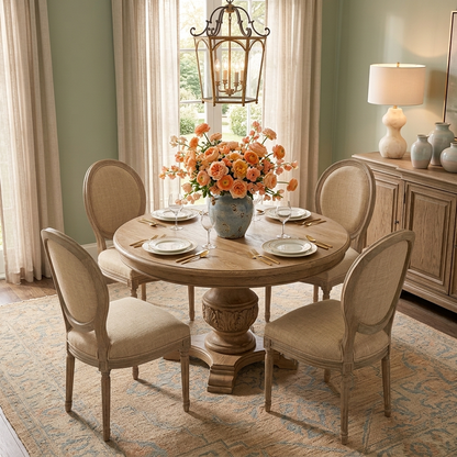 French Linen Round‑Back Dining Chair Set