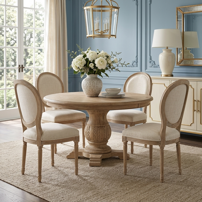 French Linen Round‑Back Dining Chair Set