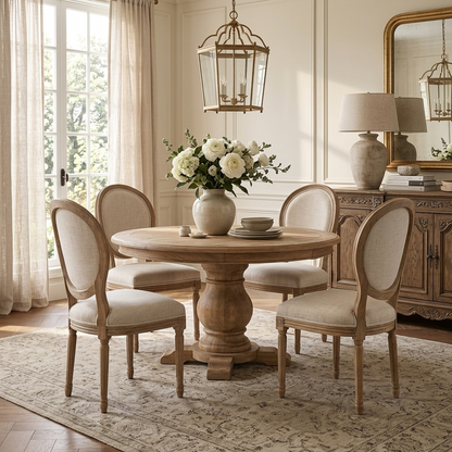 French Linen Round‑Back Dining Chair Set
