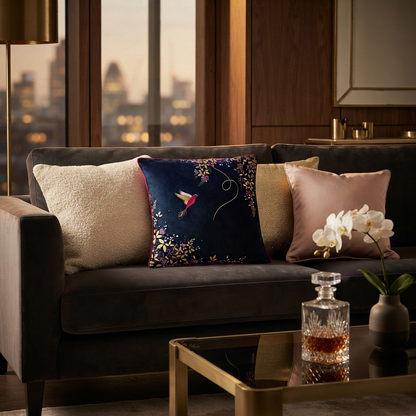 Luxury Navy Hummingbird Cushion – Artistic Bird & Floral Design