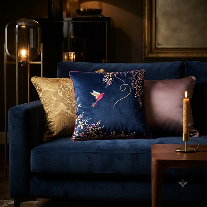 Luxury Navy Hummingbird Cushion – Artistic Bird & Floral Design