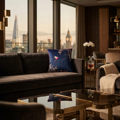 Luxury Navy Hummingbird Cushion – Artistic Bird & Floral Design