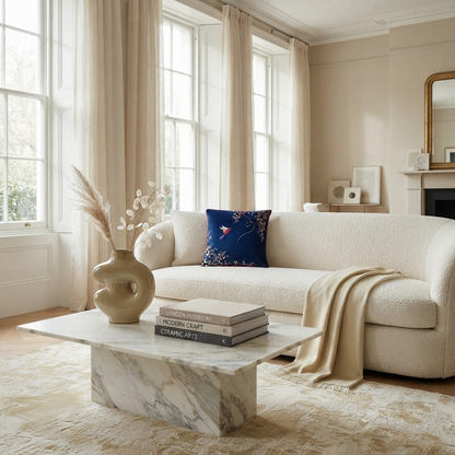 Luxury Navy Hummingbird Cushion – Artistic Bird & Floral Design