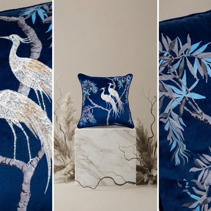 Degraw Feather Abstract Cushion – Luxury Embroidered Birds (Navy)