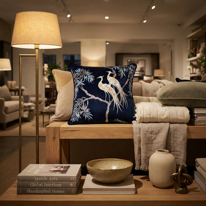 Degraw Feather Abstract Cushion – Luxury Embroidered Birds (Navy)
