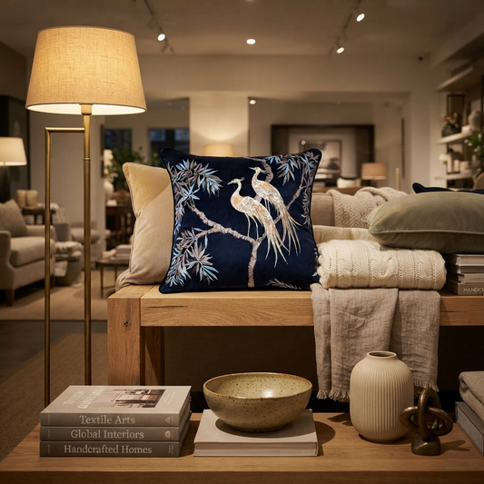 Degraw Feather Abstract Cushion – Luxury Embroidered Birds (Navy)