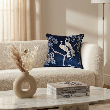 Degraw Feather Abstract Cushion – Luxury Embroidered Birds (Navy)