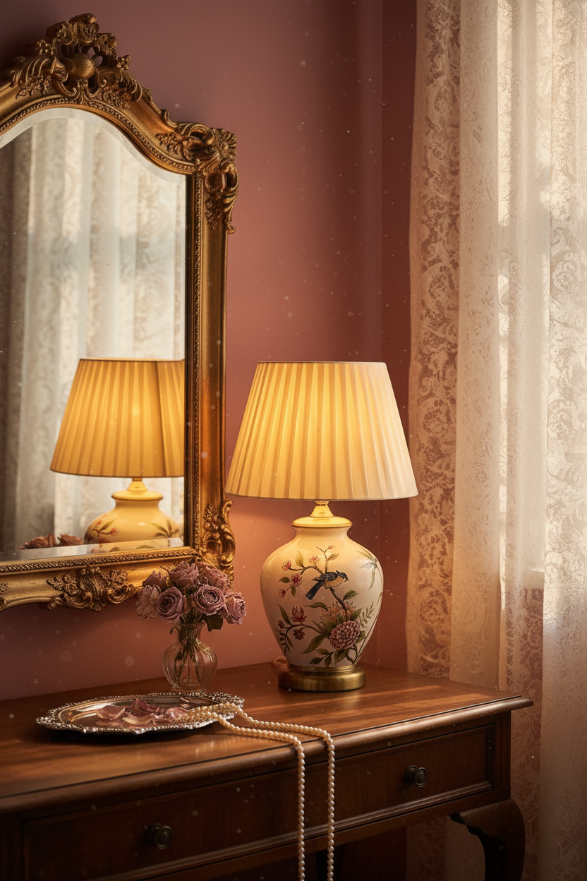 Botanical Bird Ceramic Table Lamp | Cream Pleated Shade | Vintage Bedside Lamp