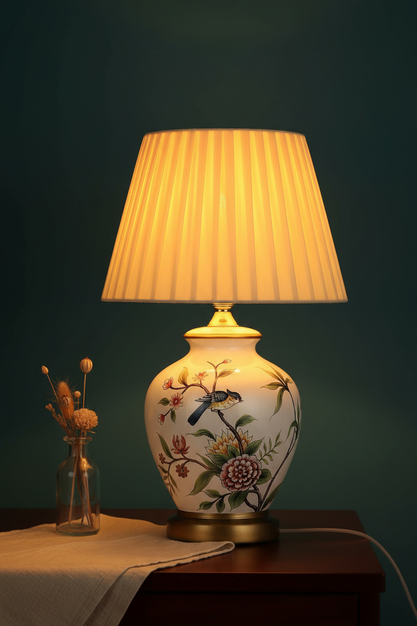 Botanical Bird Ceramic Table Lamp | Cream Pleated Shade | Vintage Bedside Lamp