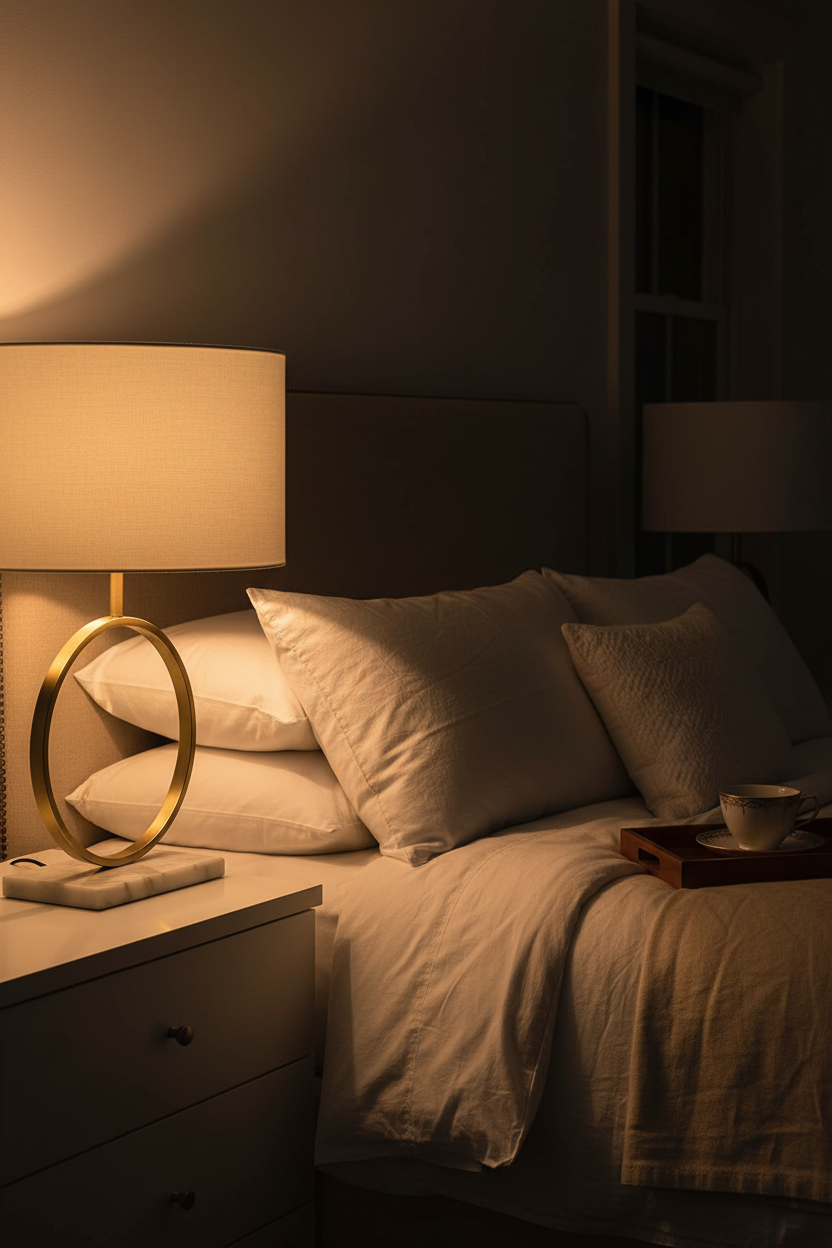 Saffron Halo Table Lamp | Gold Metal Ring Stand, White Marble Base & Cream Fabric Shade