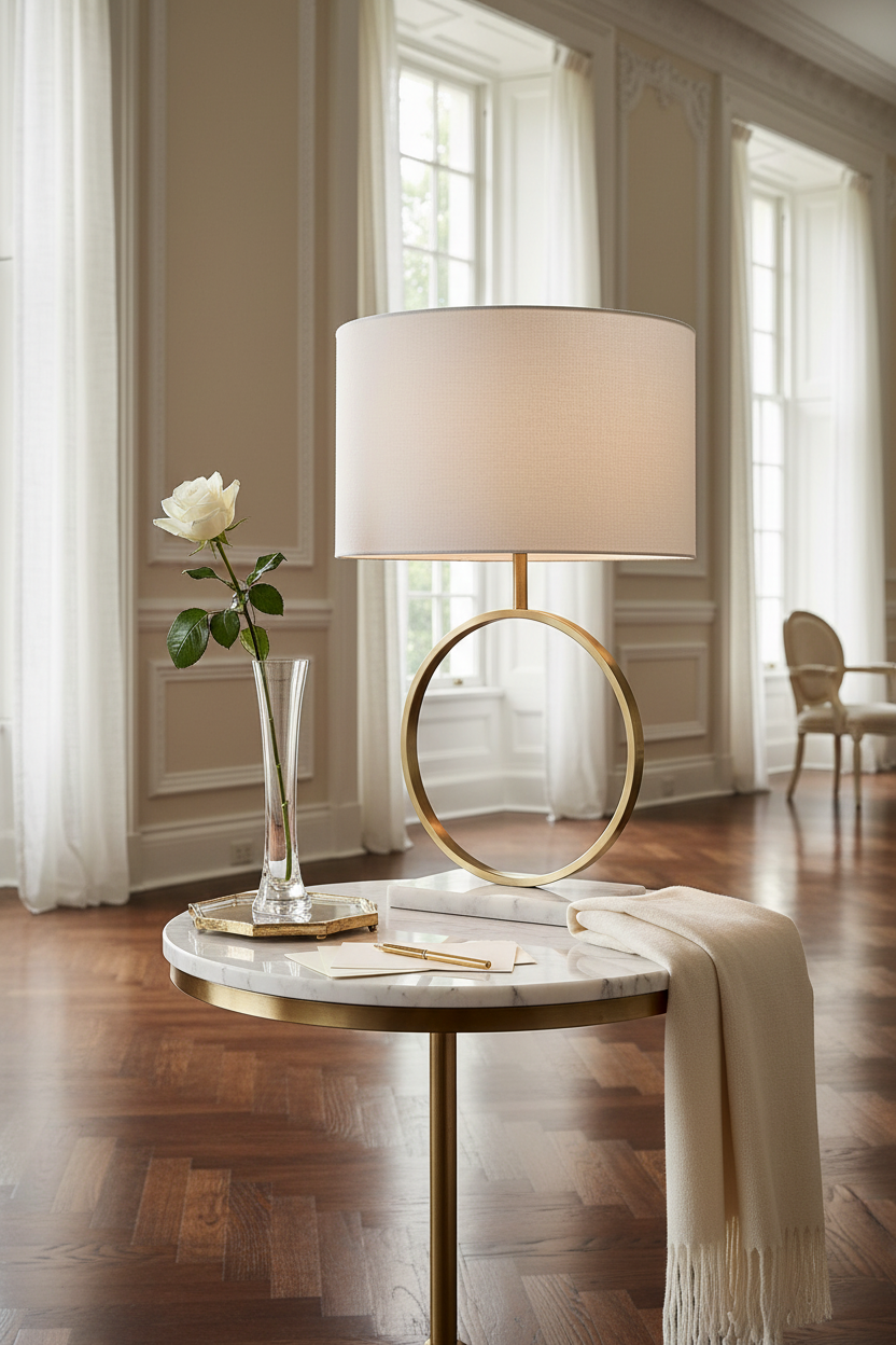 Saffron Halo Table Lamp | Gold Metal Ring Stand, White Marble Base & Cream Fabric Shade
