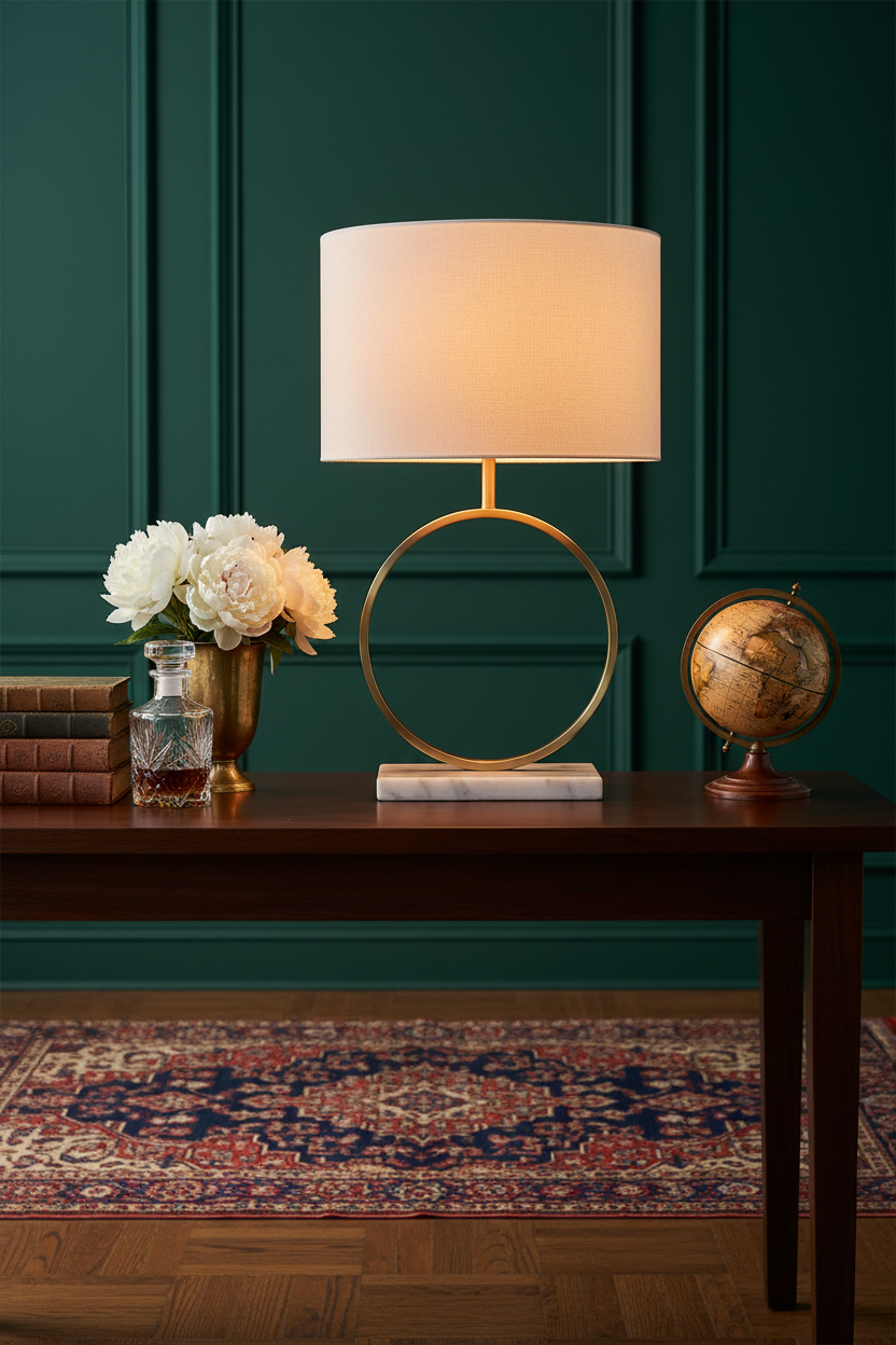 Saffron Halo Table Lamp | Gold Metal Ring Stand, White Marble Base & Cream Fabric Shade