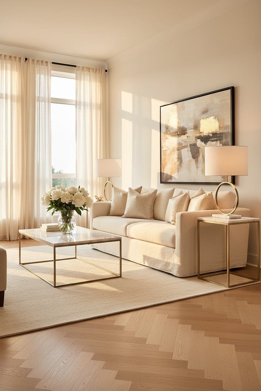 Saffron Halo Table Lamp | Gold Metal Ring Stand, White Marble Base & Cream Fabric Shade