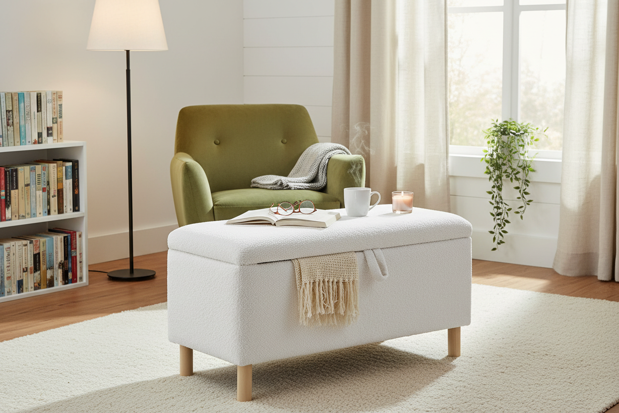 White Boucle Storage Ottoman Bench