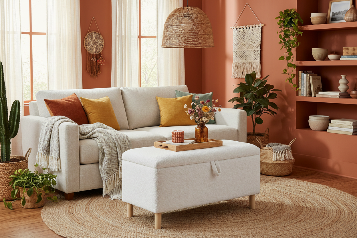 White Boucle Storage Ottoman Bench