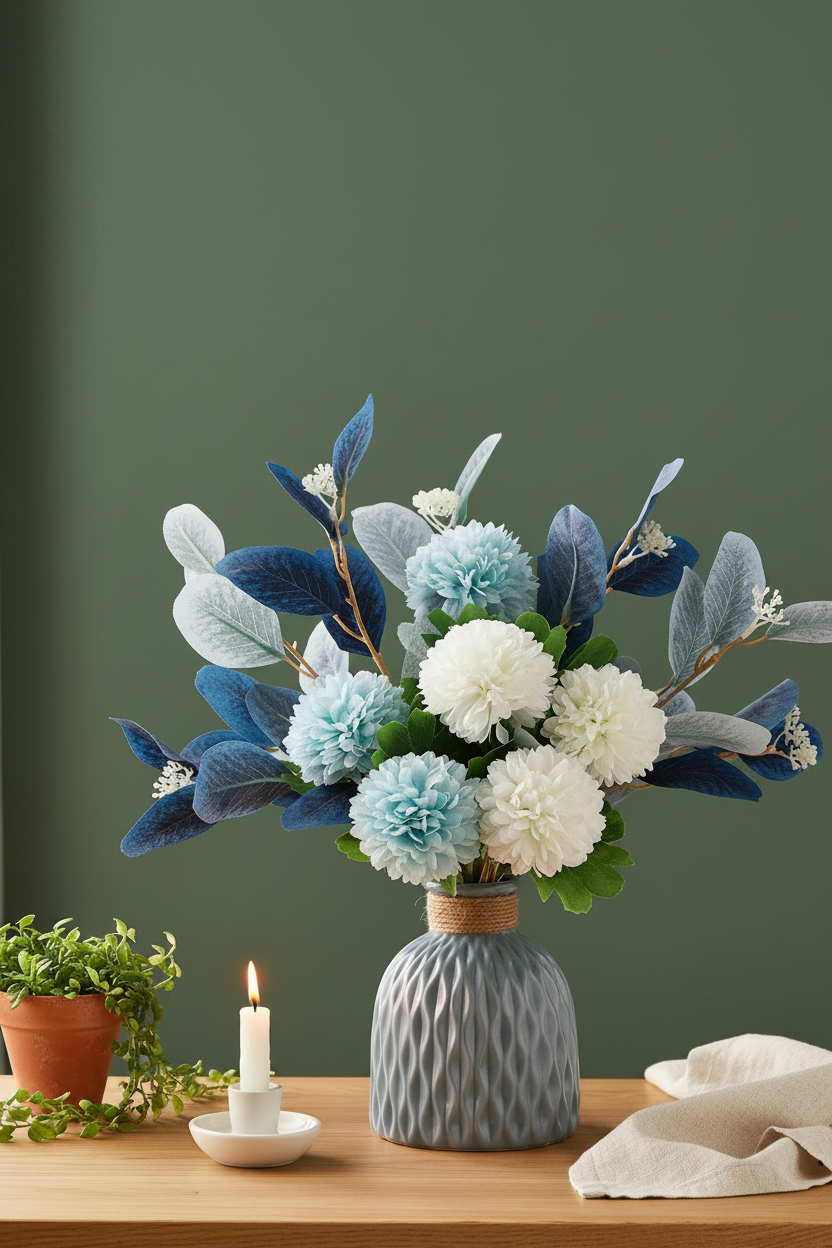 Artificial Blue Hydrangea Arrangement with Vase | Silk Flowers for Home & Wedding Décor