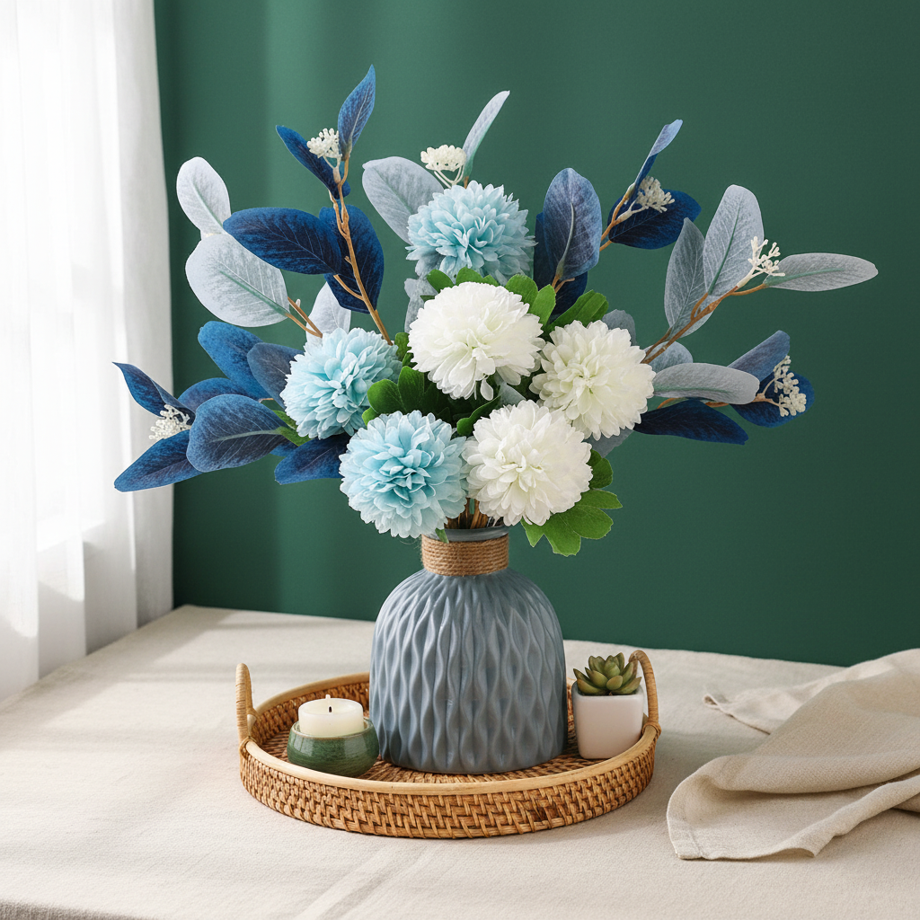 Artificial Blue Hydrangea Arrangement with Vase | Silk Flowers for Home & Wedding Décor