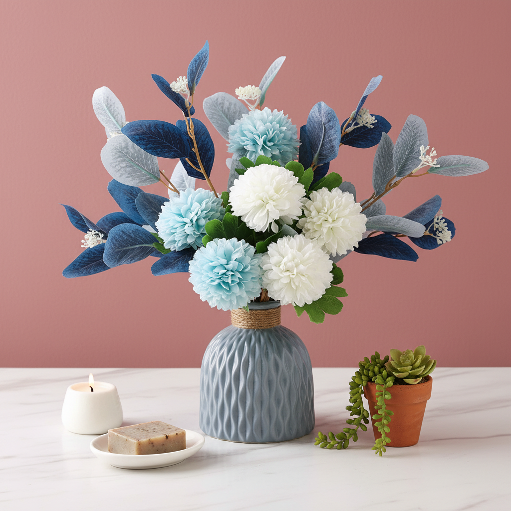 Artificial Blue Hydrangea Arrangement with Vase | Silk Flowers for Home & Wedding Décor