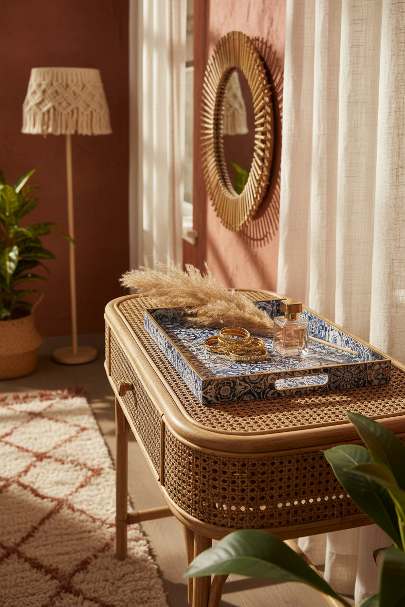 Decorative Tray with Handles | Patterned Plastic Serving Tray | Ottoman, Coffee Table & Vanity | 40 x 30 cm