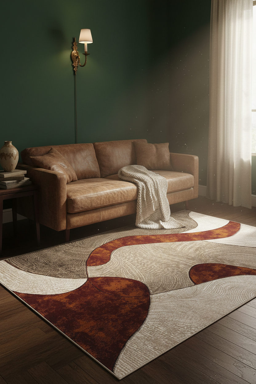 Abstract Wave Area Rug | Super Soft Shaggy Carpet | Rust, Cream & Charcoal | Living Room, Bedroom & Hallway