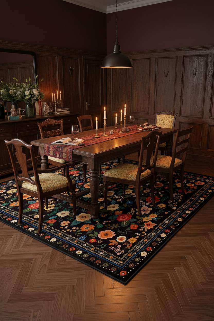 Black Floral Area Rug 180x270 cm | Large Washable Vintage Boho Rug | Non-Slip, Non-Shedding, Pet-Friendly