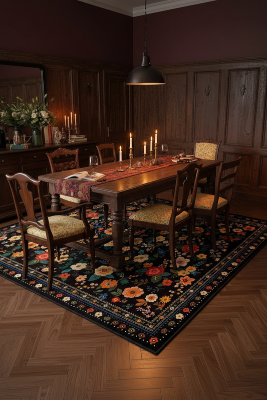 Black Floral Area Rug 180x270 cm | Large Washable Vintage Boho Rug | Non-Slip, Non-Shedding, Pet-Friendly