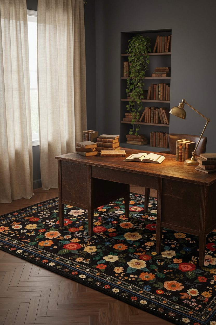 Black Floral Area Rug 180x270 cm | Large Washable Vintage Boho Rug | Non-Slip, Non-Shedding, Pet-Friendly