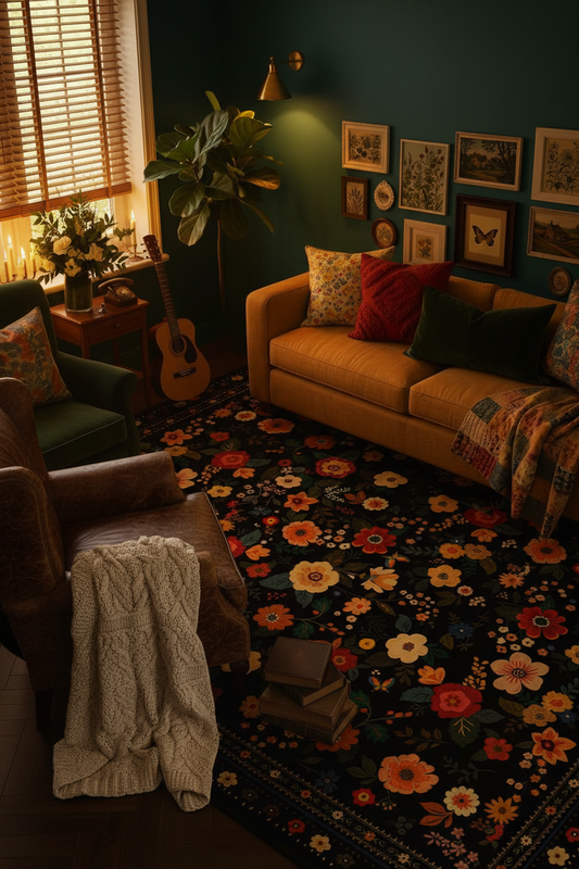 Black Floral Area Rug 180x270 cm | Large Washable Vintage Boho Rug | Non-Slip, Non-Shedding, Pet-Friendly