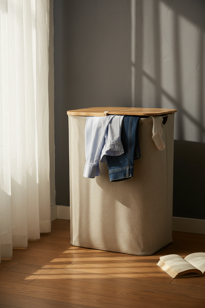 Laundry Basket with Lid & Removable Bag | Bamboo Handles | Foldable Clothes Hamper