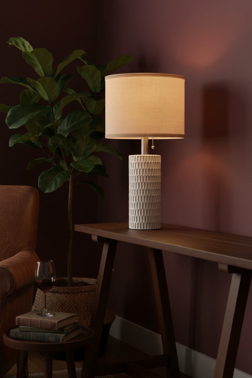 Ceramic Table Lamps Set of 2 | Textured Relief Base with Warm Linen Shade | Pull Chain 