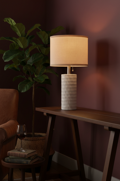 Ceramic Table Lamps Set of 2 | Textured Relief Base with Warm Linen Shade | Pull Chain 