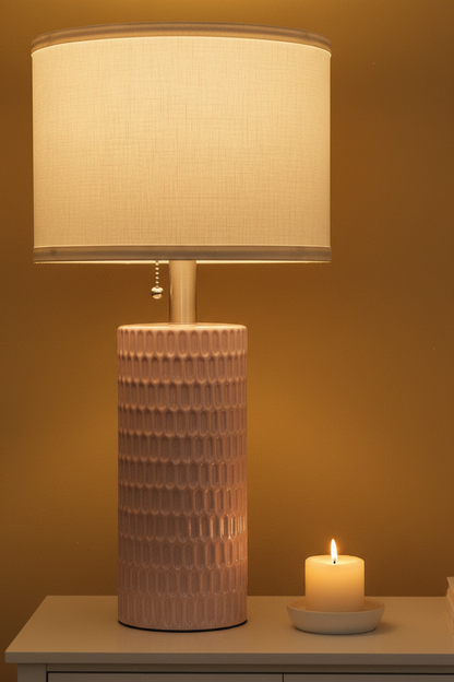 Ceramic Table Lamps Set of 2 | Textured Relief Base with Warm Linen Shade | Pull Chain 
