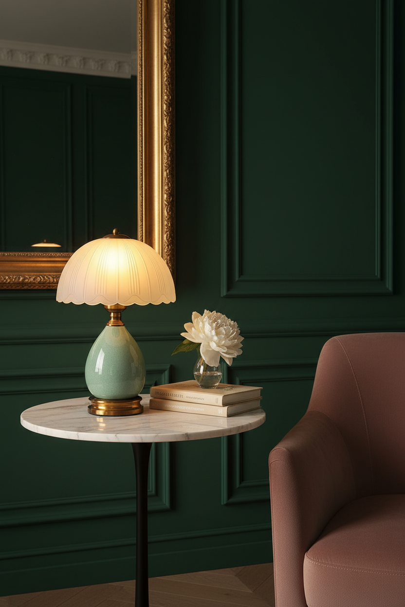 Scalloped Dome Table Lamp | Ceramic Base & Brass Fittings | Vintage Bedside Lamp | 3-Level Dimmer