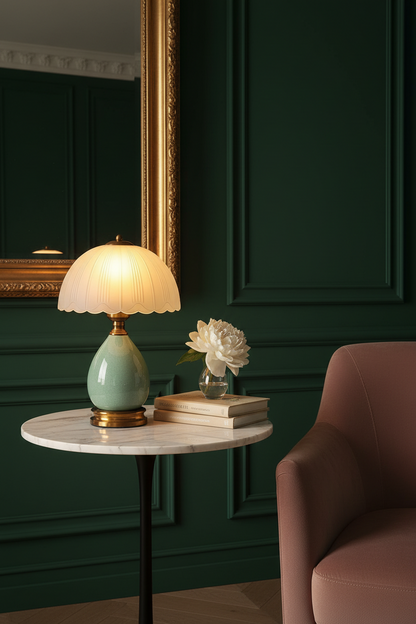 Scalloped Dome Table Lamp | Ceramic Base & Brass Fittings | Vintage Bedside Lamp | 3-Level Dimmer