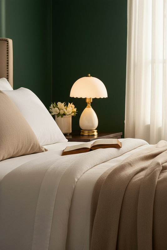 Scalloped Dome Table Lamp | Ceramic Base & Brass Fittings | Vintage Bedside Lamp | 3-Level Dimmer
