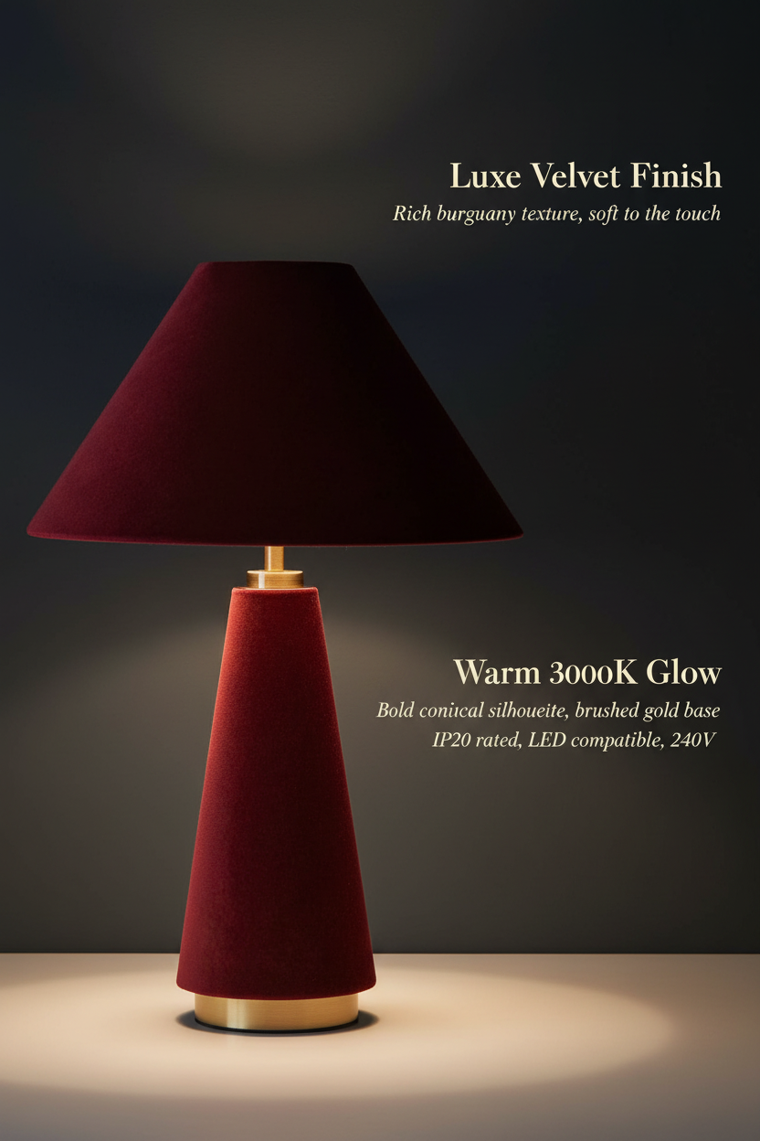Martha Conical Velvet Table Lamp | Burgundy & Gold | Statement Bedside Lamp