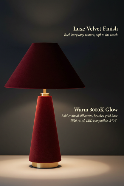 Martha Conical Velvet Table Lamp | Burgundy & Gold | Statement Bedside Lamp
