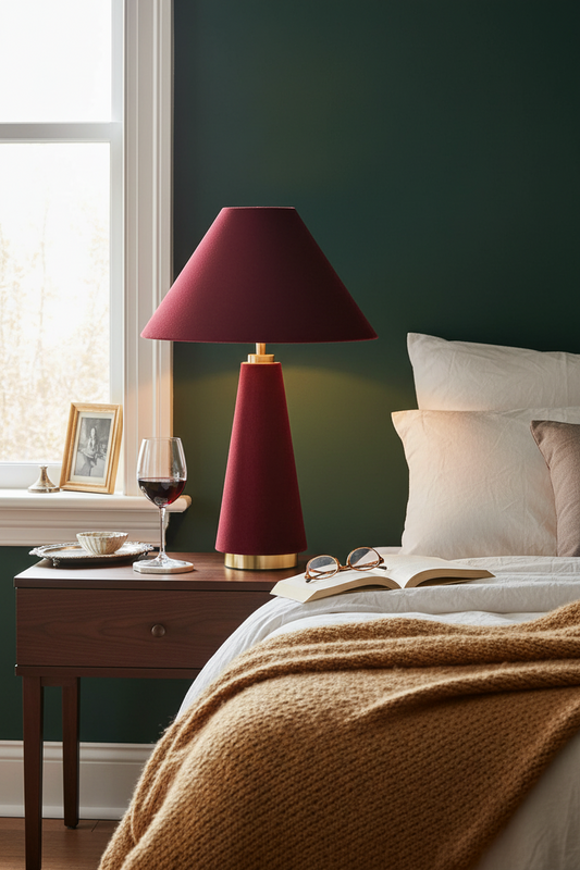 Martha Conical Velvet Table Lamp | Burgundy & Gold | Statement Bedside Lamp