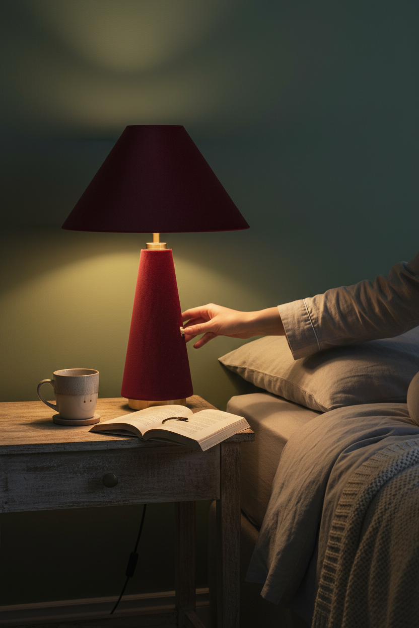 Martha Conical Velvet Table Lamp | Burgundy & Gold | Statement Bedside Lamp