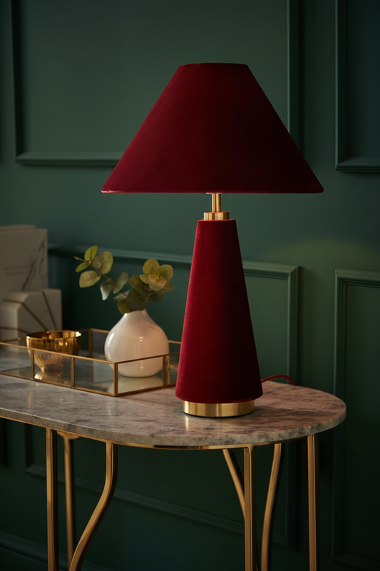 Martha Conical Velvet Table Lamp | Burgundy & Gold | Statement Bedside Lamp